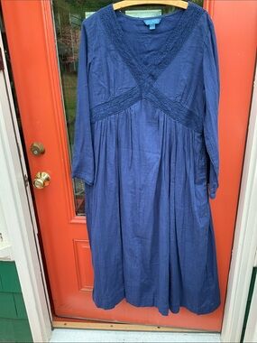 April Cornell Navy Blue Midi Dress with Lace Trim